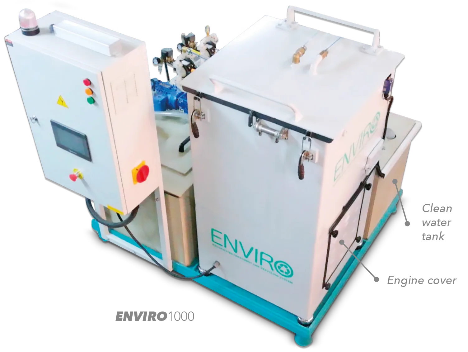 ENVIRO1000 wastewater treatment and recycling system with control panel and clean water tank