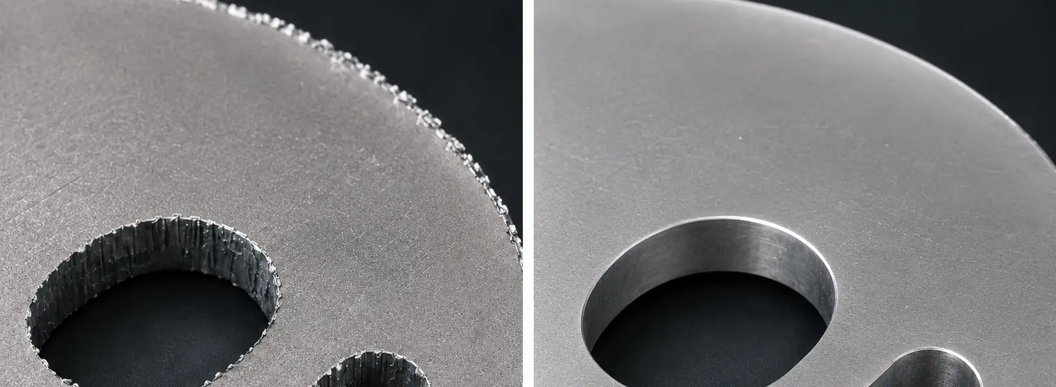 Metal parts before and after industrial deburring surface finishing process